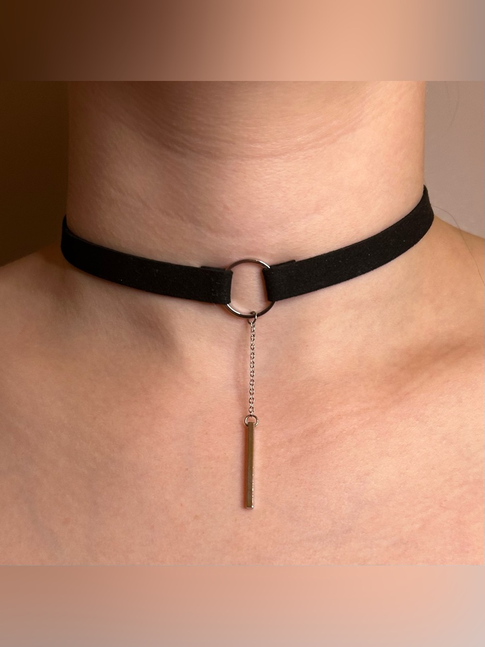 Black Suede Choker Necklace with Silver Bar Pendant